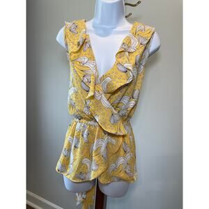 Max Studio Yellow and White Floral Wrap Top with Back Tie Size XL